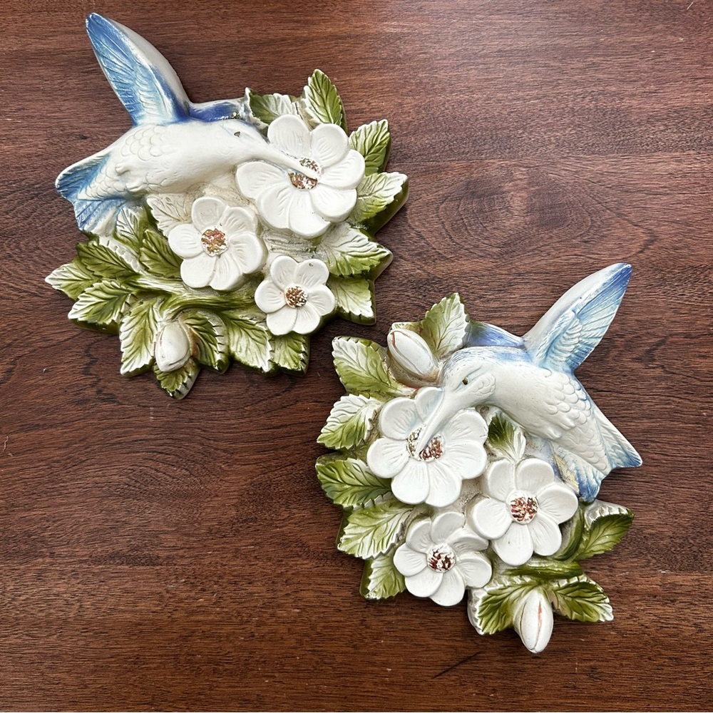 🟢 3/$25 🟢 Vintage Chalkware Hummingbirds with Flowers - Favor Ind. - Set of 2